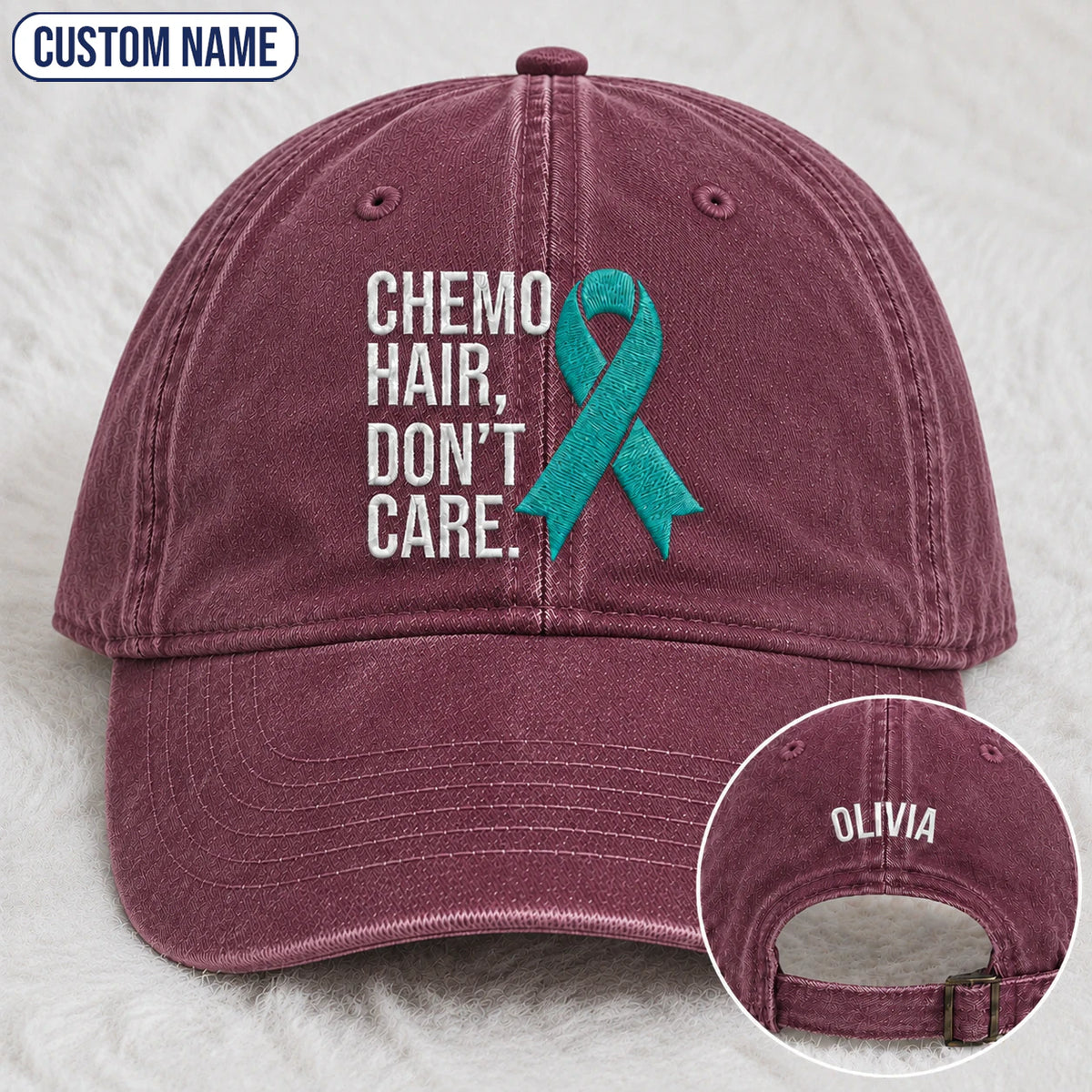 Personalized Chemo Hair Don'T Care V2 Teal Ribbon Embroidered Washed Cap