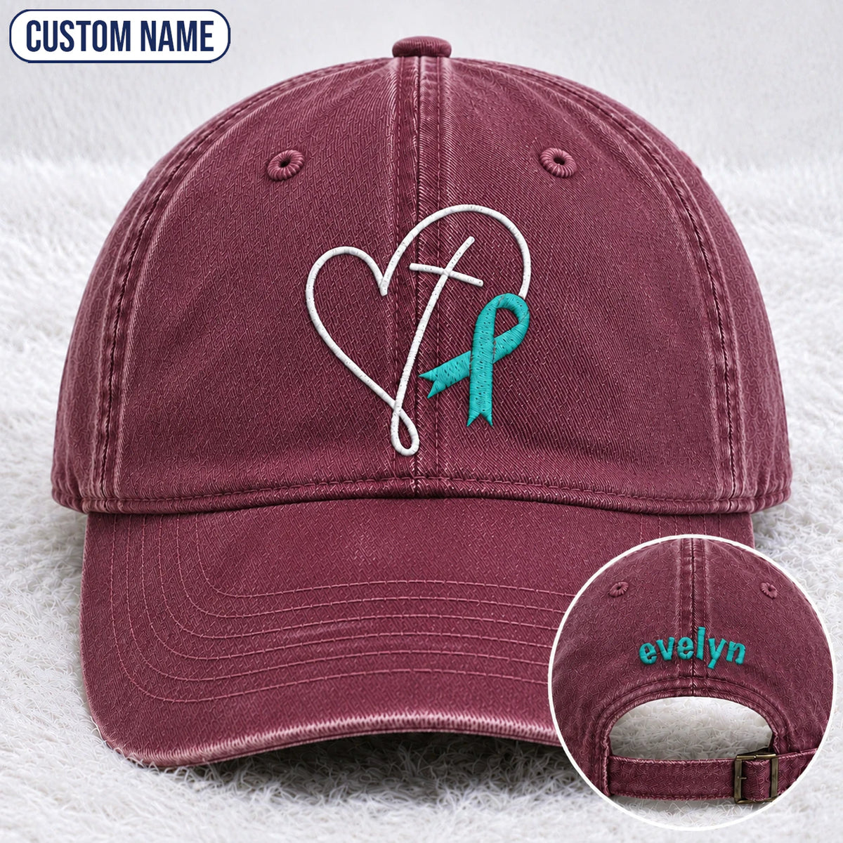 Personalized Faith Cross Heart Ribbon Teal Ribbon Embroidered Washed Cap