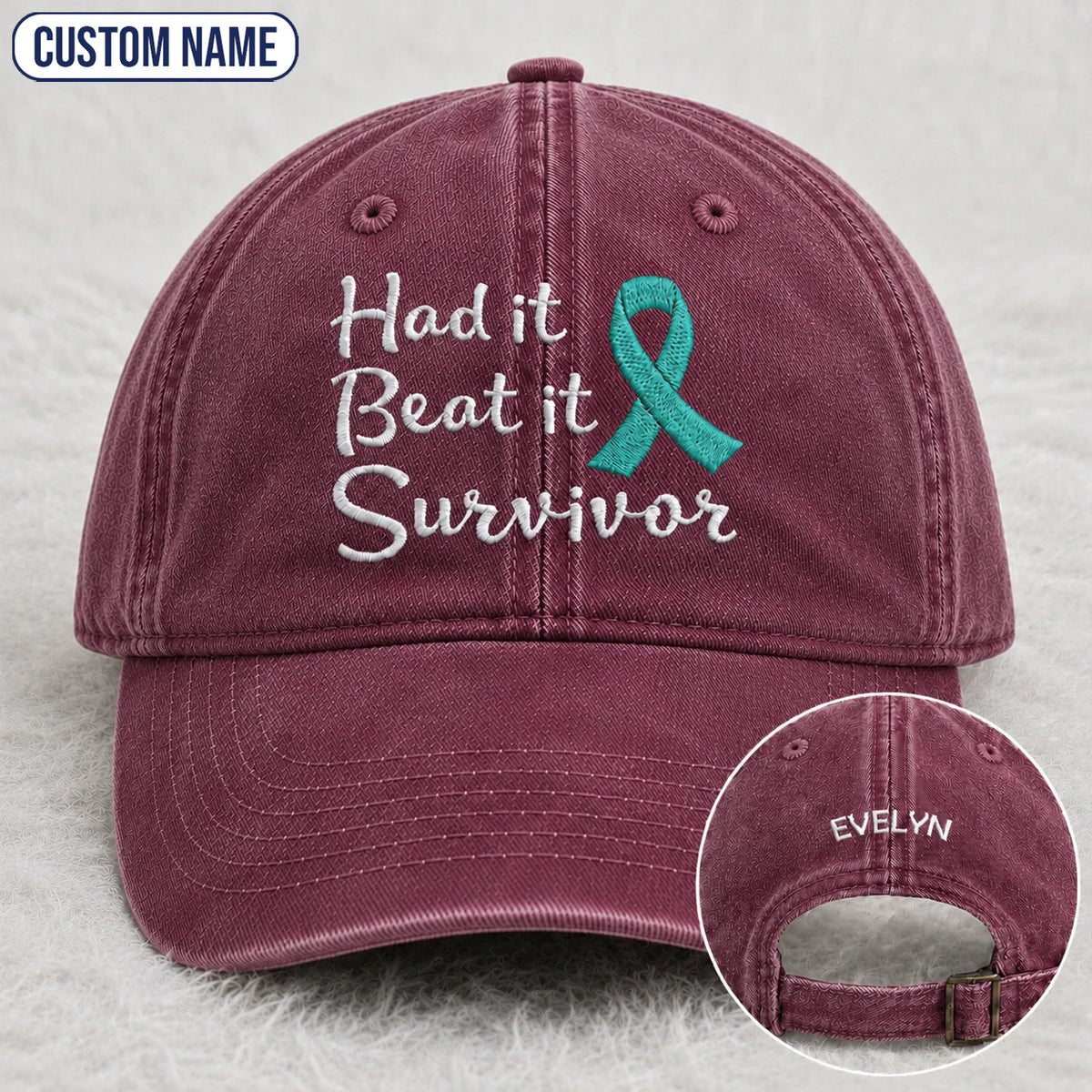 Personalized Had It Beat It Teal Ribbon Embroidered Washed Cap