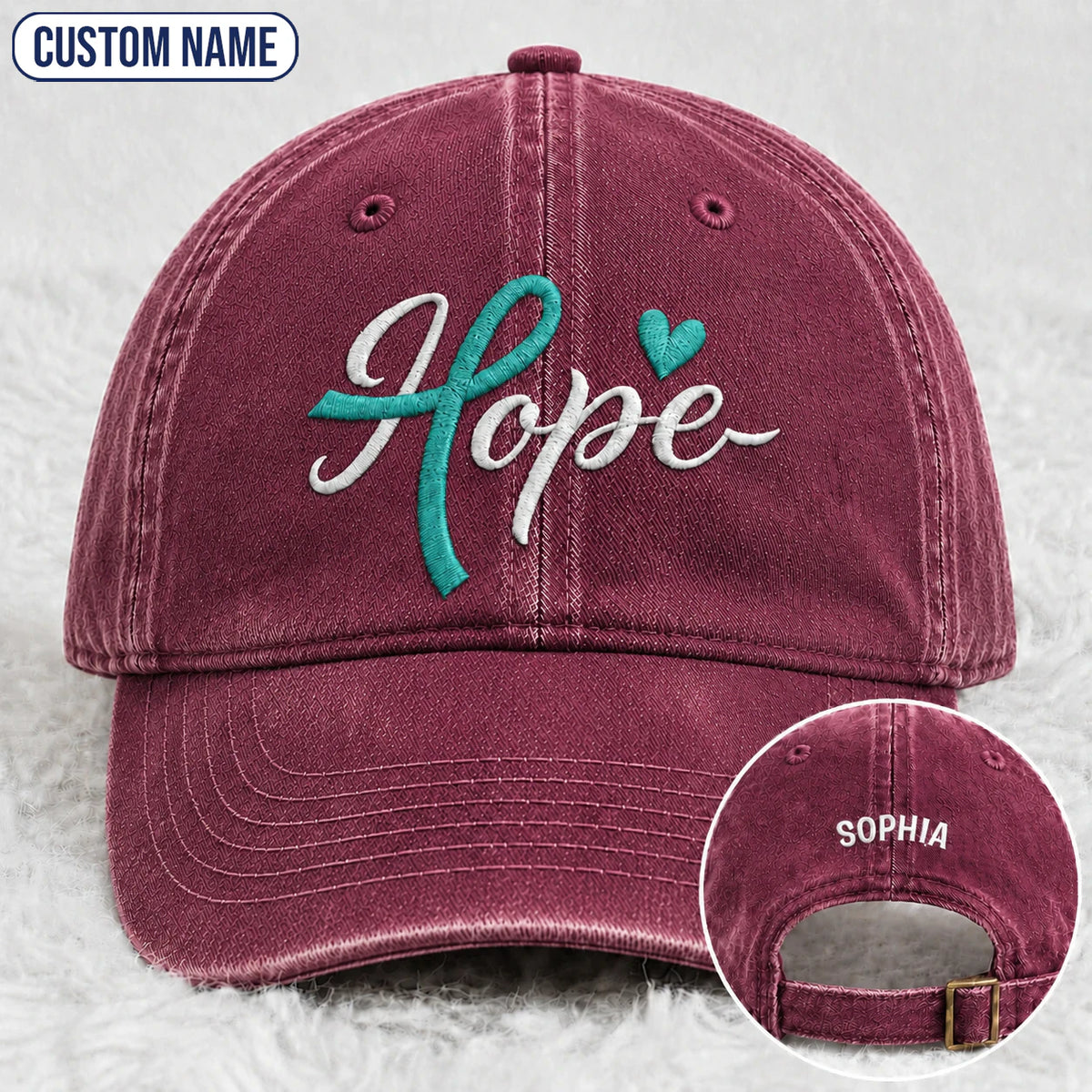 Personalized Hope Teal Ribbon Embroidered Washed Cap