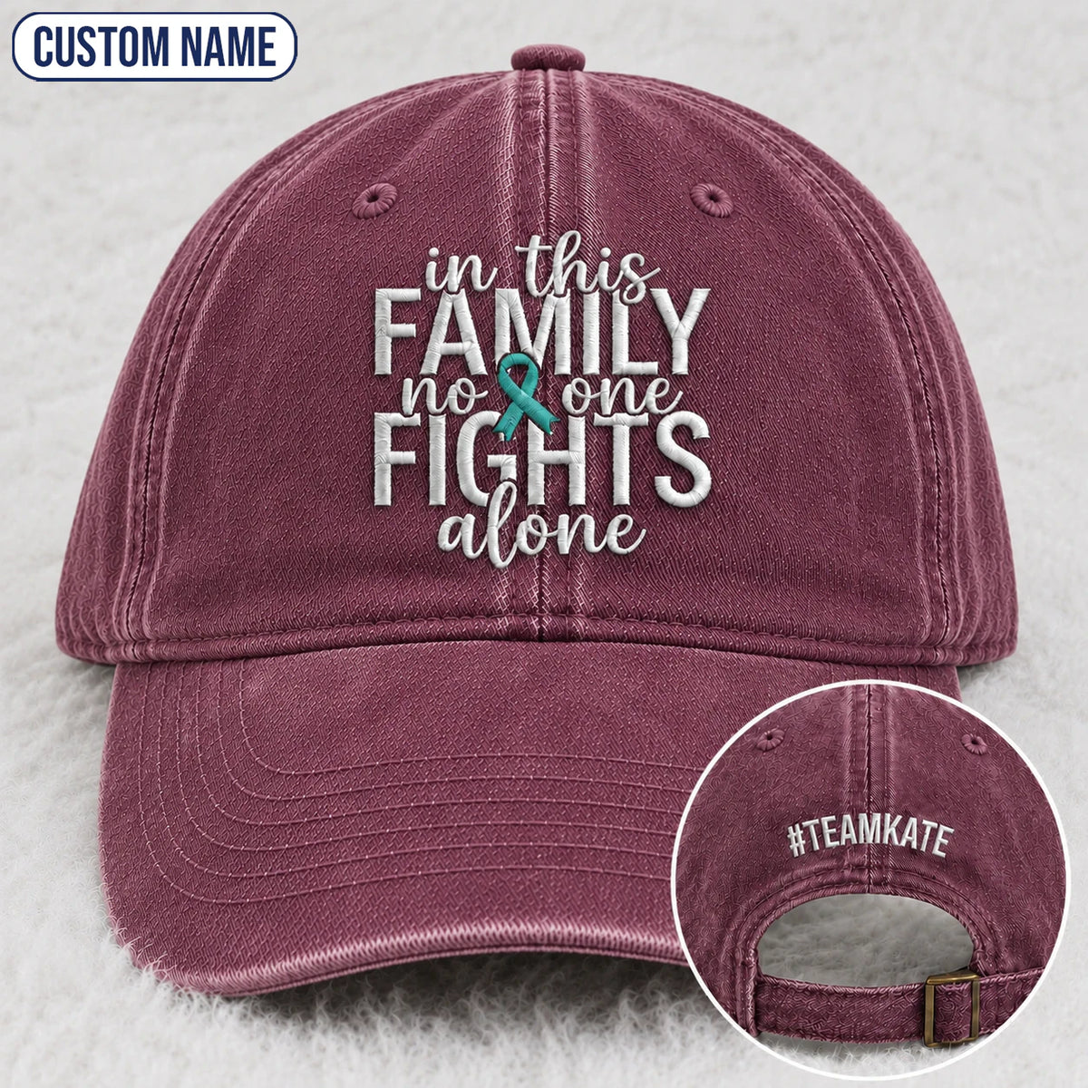 Personalized In This Family No One Fights Alone Teal Ribbon Embroidered Washed Cap