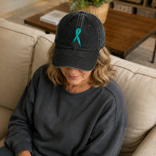 Personalized Ribbon Teal Ribbon Embroidered Washed Cap