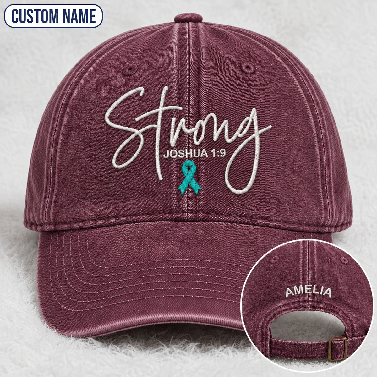 Personalized Strong (Joshua 1 9) Teal Ribbon Embroidered Washed Cap