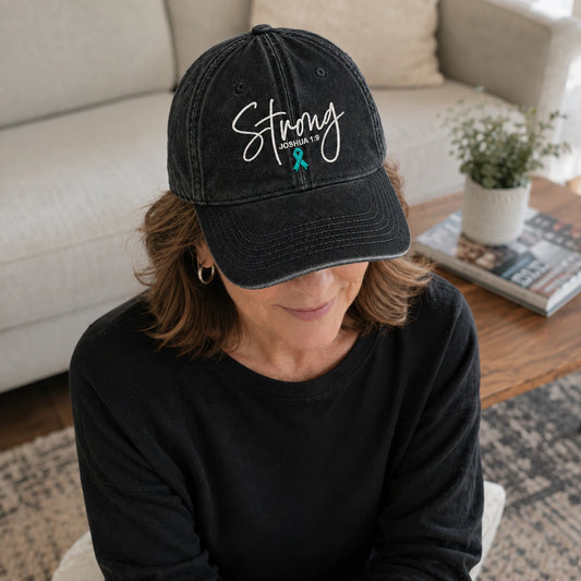 Personalized Strong (Joshua 1 9) Teal Ribbon Embroidered Washed Cap