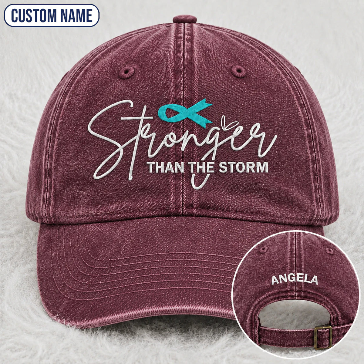 Personalized Stronger Than The Storm Teal Ribbon Embroidered Washed Cap
