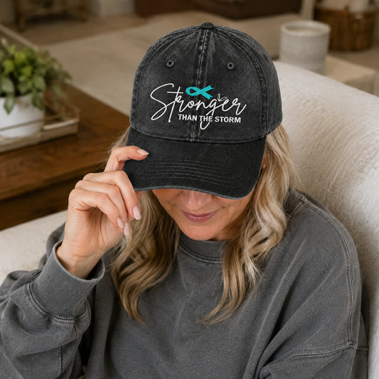 Personalized Stronger Than The Storm Teal Ribbon Embroidered Washed Cap