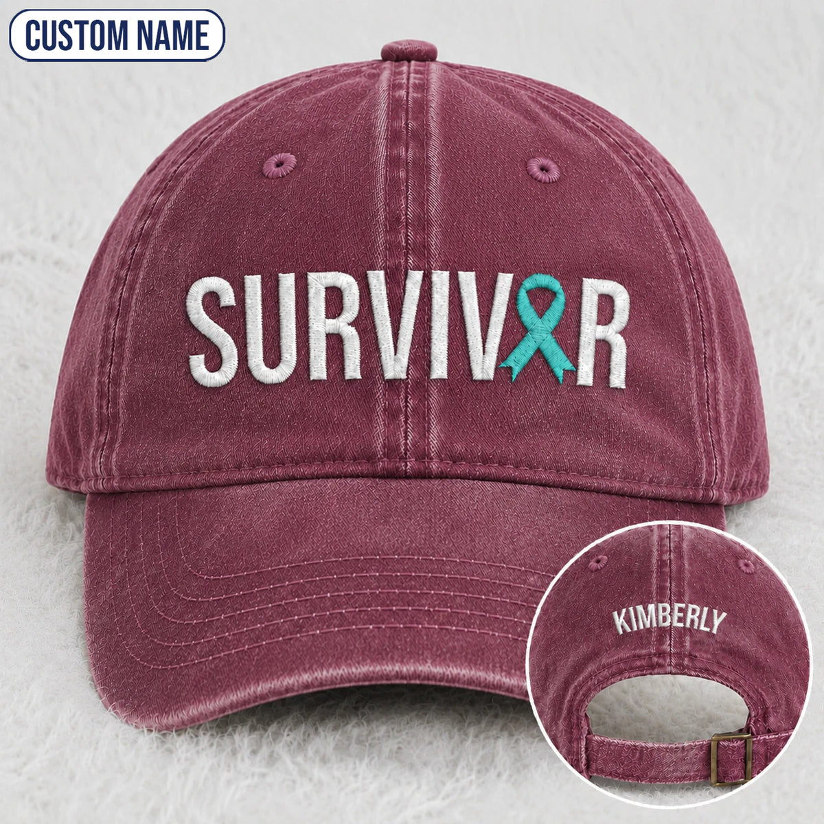 Personalized Survivor Teal Ribbon Embroidered Washed Cap