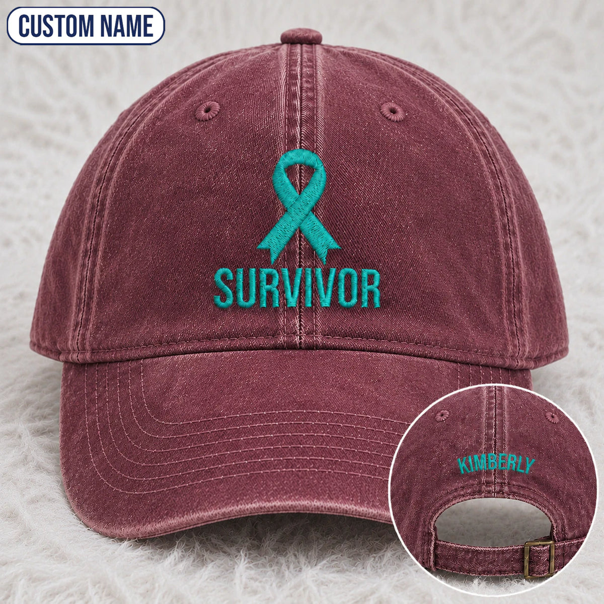 Personalized Survivor Ribbon Teal Ribbon Embroidered Washed Cap