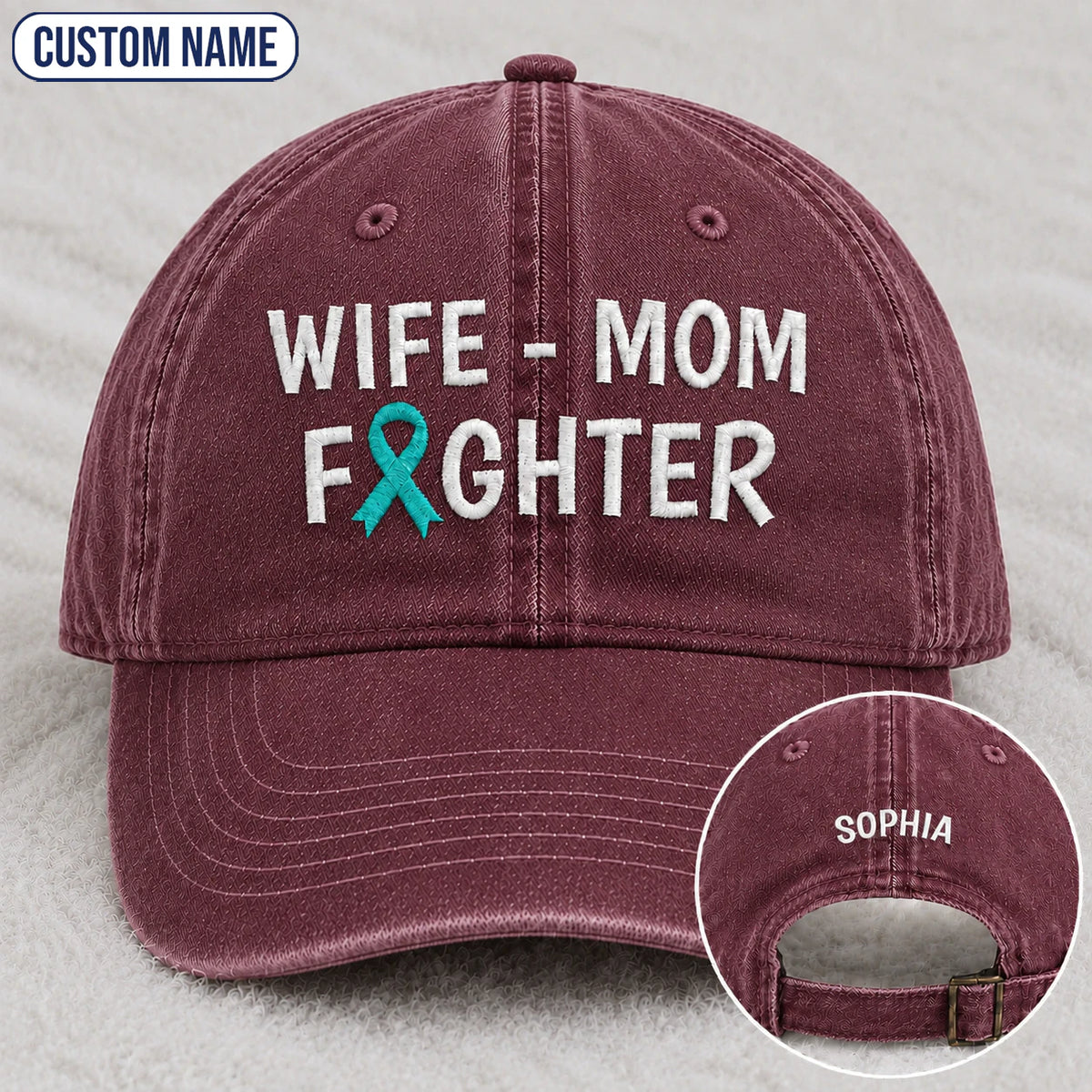 Personalized Wife Mom Fighter Teal Ribbon Embroidered Washed Cap