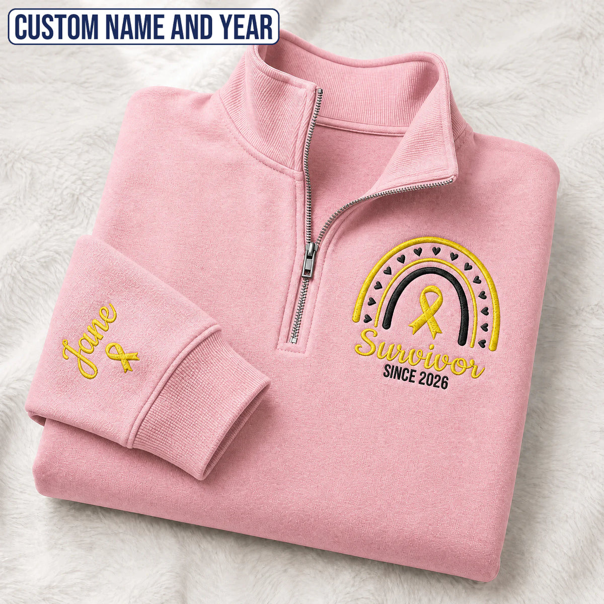 Personalized Yellow Ribbon Inspired Name & Year Embroidered Unisex Quarter Zip Sweatshirt