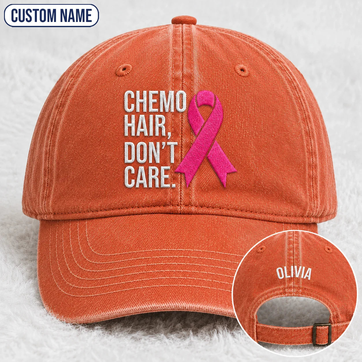 Personalized Hair Don’t Care Pink Ribbon Embroidered Washed Cap V2, Awareness Gift