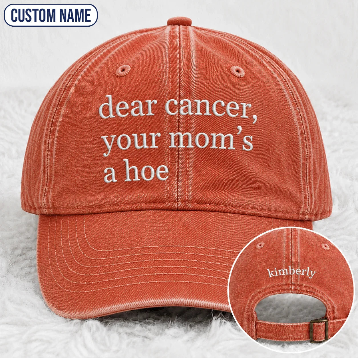 Personalized Your Mom’s A Hoe Pink Ribbon Quote Embroidered Washed Cap, Awareness Gift