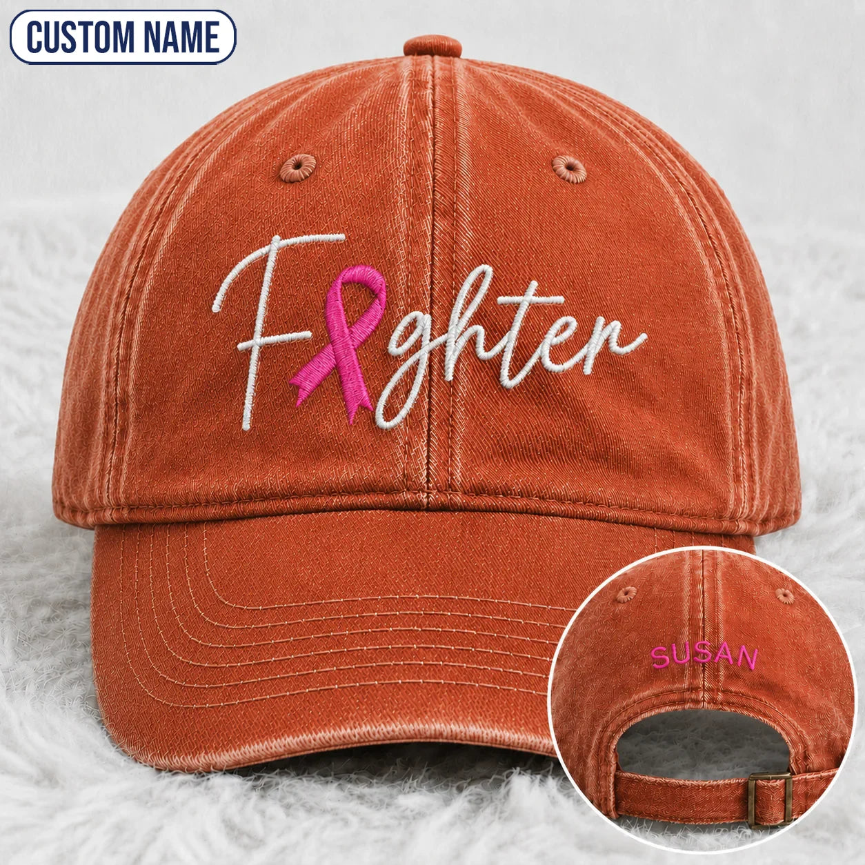 Personalized Fighter Pink Ribbon Embroidered Washed Cap V2, Awareness Gift