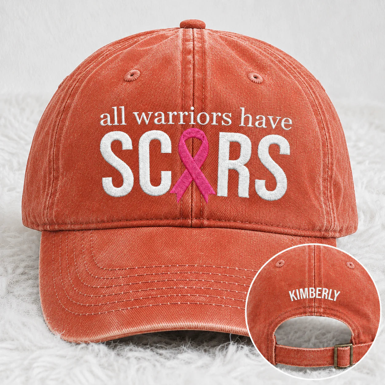 Personalized All Warriors Have Scars Pink Ribbon Embroidered Washed Cap, Awareness Gift