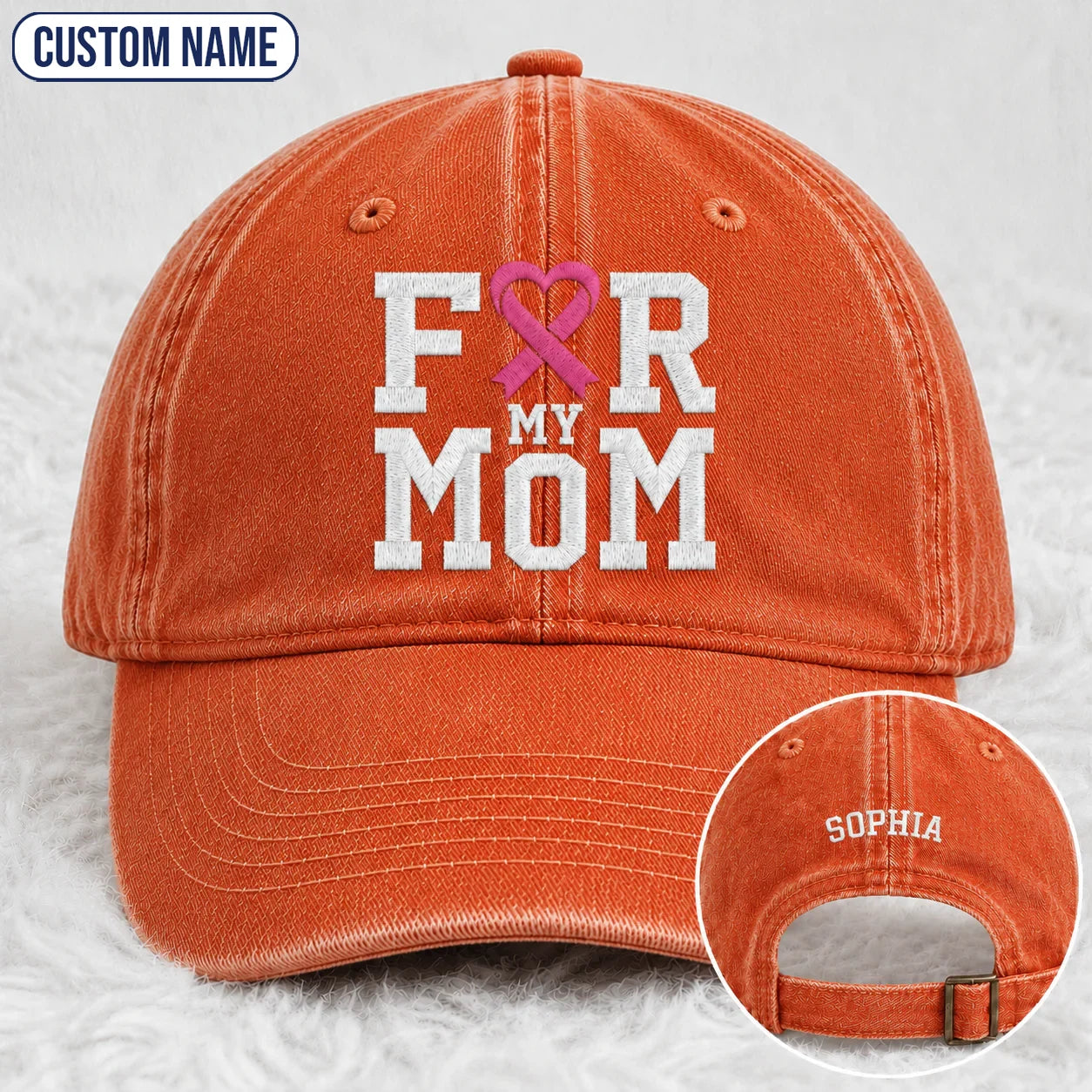 Personalized For My Mom Pink Ribbon Embroidered Washed Cap, Awareness Gift