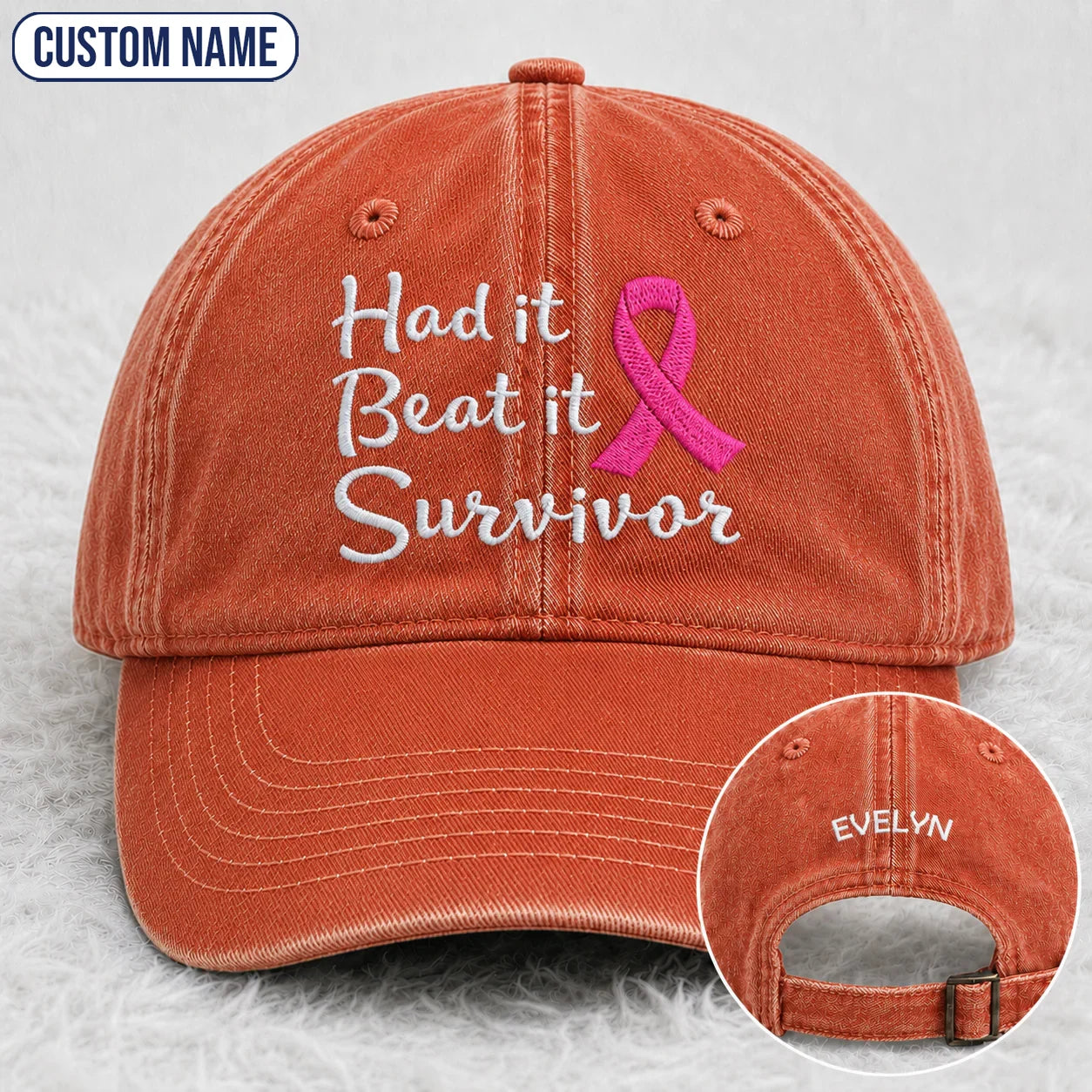 Personalized Had It Beat It Survivor Pink Ribbon Embroidered Washed Cap, Awareness Gift