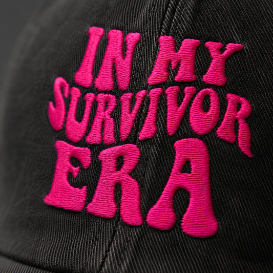 Personalized In My Survivor Era Pink Ribbon Embroidered Washed Cap, Awareness Gift