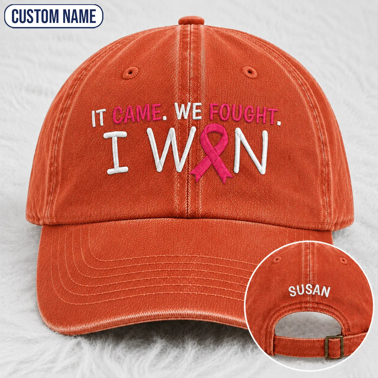 Personalized It Came We Fought I Won Pink Ribbon Embroidered Washed Cap, Awareness Gift