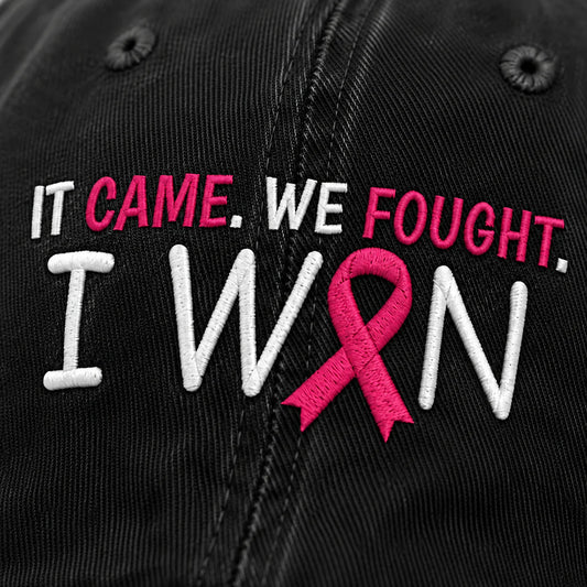 Personalized It Came We Fought I Won Pink Ribbon Embroidered Washed Cap, Awareness Gift
