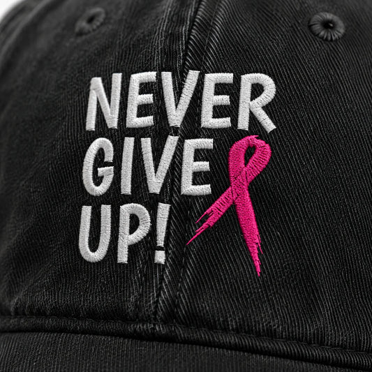 Personalized Never Give Up Pink Ribbon Embroidered Washed Cap, Awareness Gift