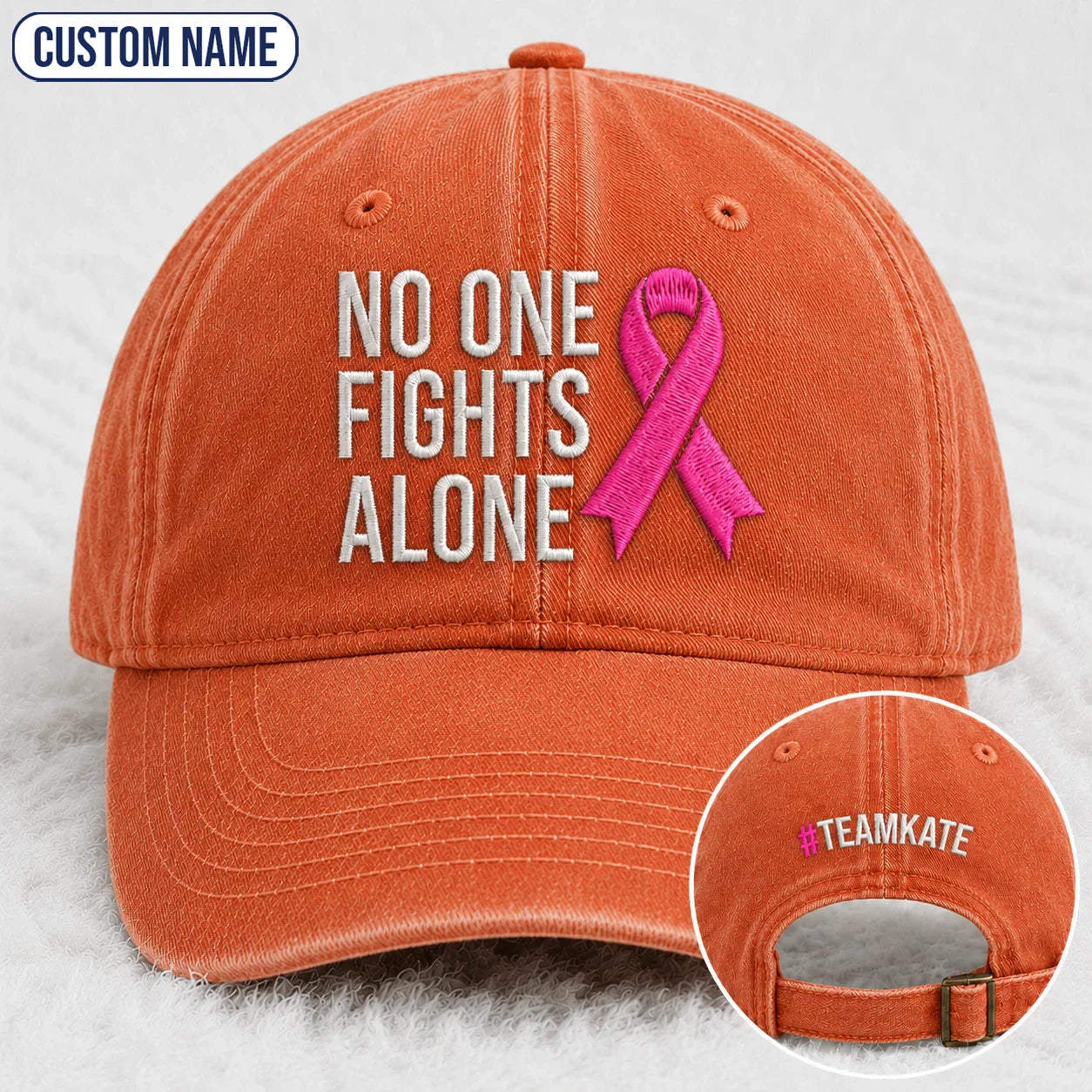 Personalized No One Fights Alone Pink Ribbon Embroidered Washed Cap, Awareness Gift