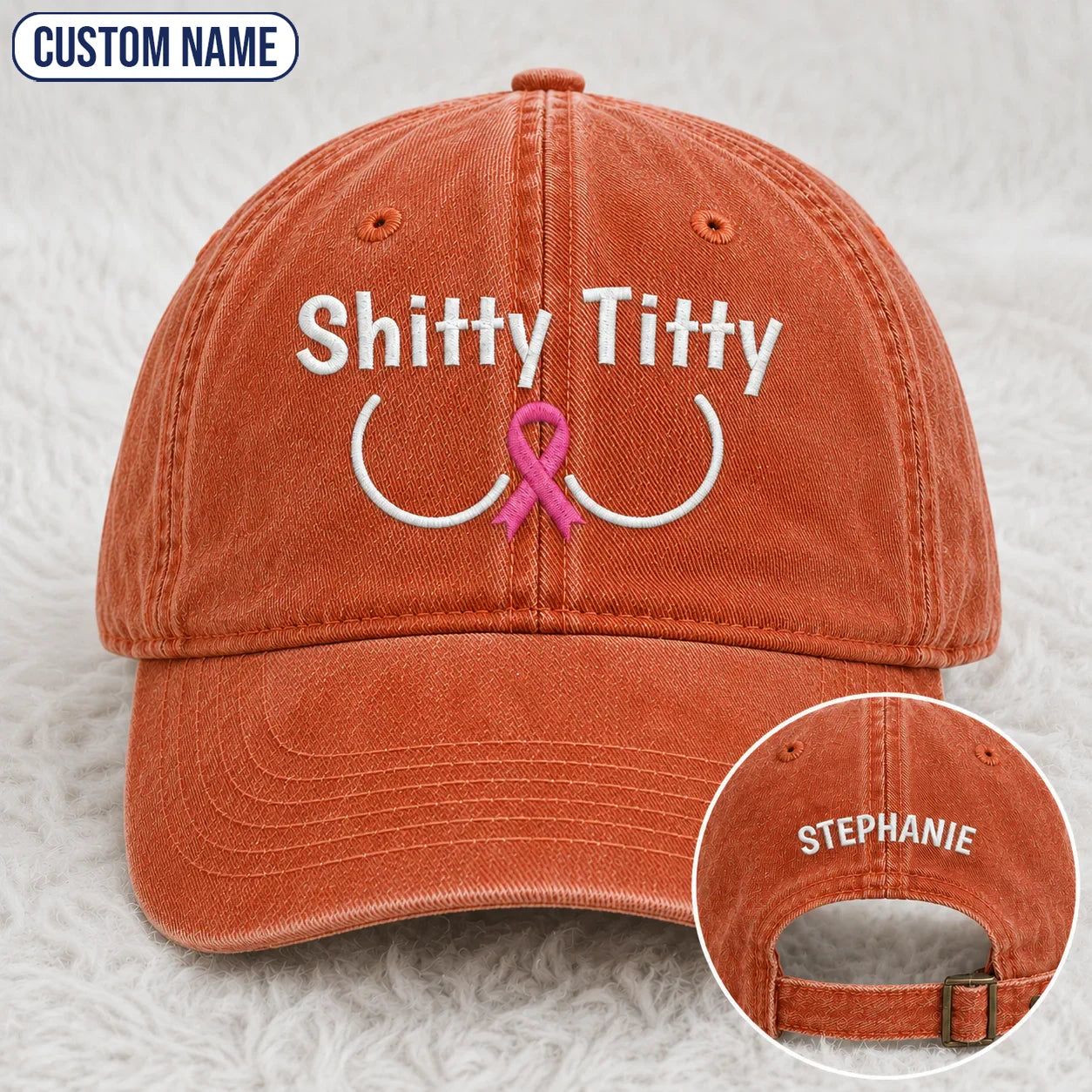 Personalized Pink Ribbon Humor Embroidered Washed Cap, Awareness Gift