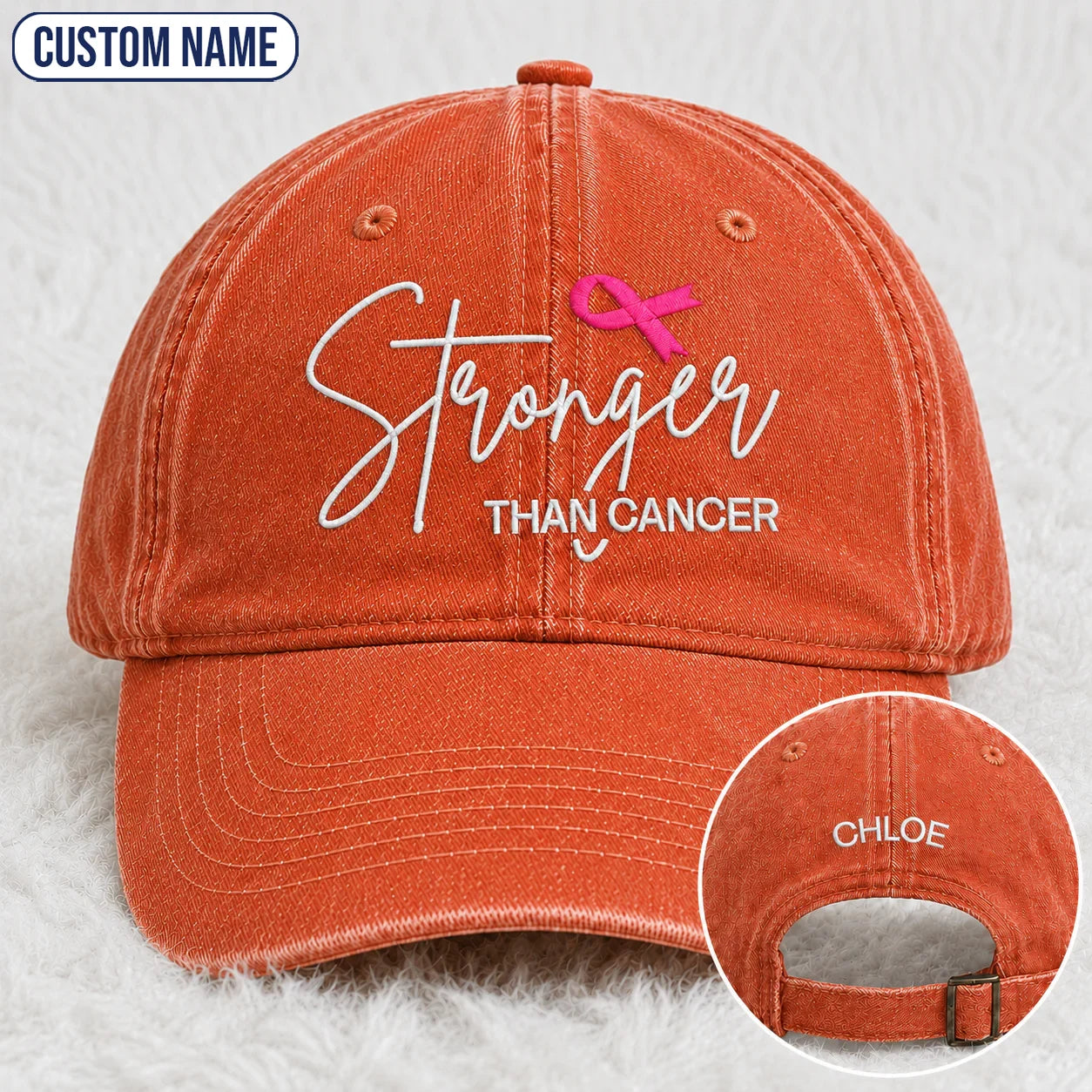 Personalized Stronger Pink Ribbon Embroidered Washed Cap, Awareness Gift