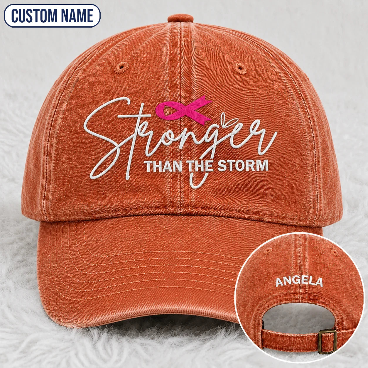 Personalized Stronger Than The Storm Pink Ribbon Embroidered Washed Cap, Awareness Gift