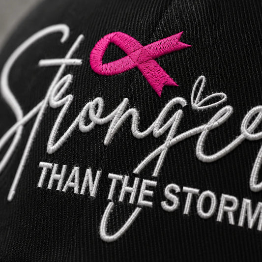 Personalized Stronger Than The Storm Pink Ribbon Embroidered Washed Cap, Awareness Gift