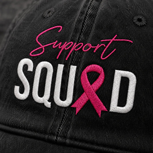 Personalized Support Squad Pink Ribbon Embroidered Washed Cap, Awareness Gift