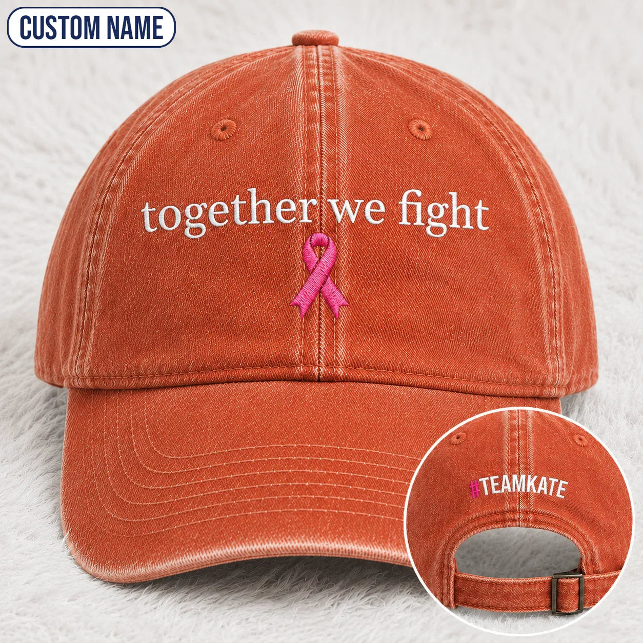 Personalized Together We Fight Pink Ribbon Embroidered Washed Cap, Awareness Gift
