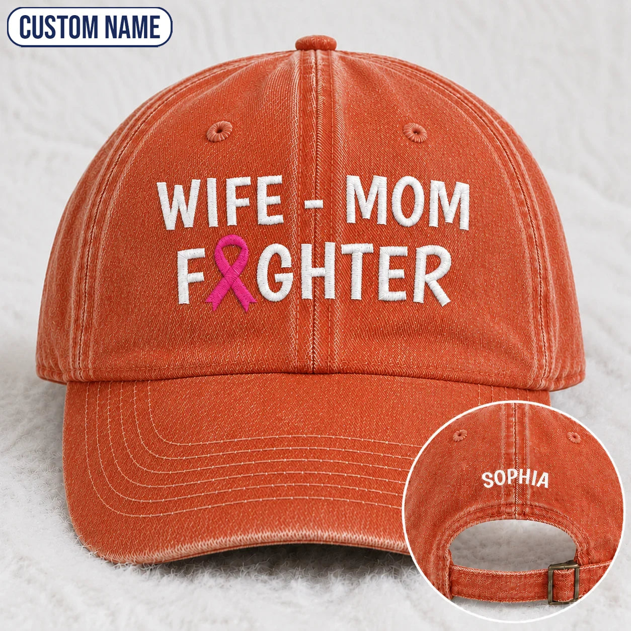 Personalized Wife Mom Fighter Pink Ribbon Embroidered Washed Cap, Awareness Gift