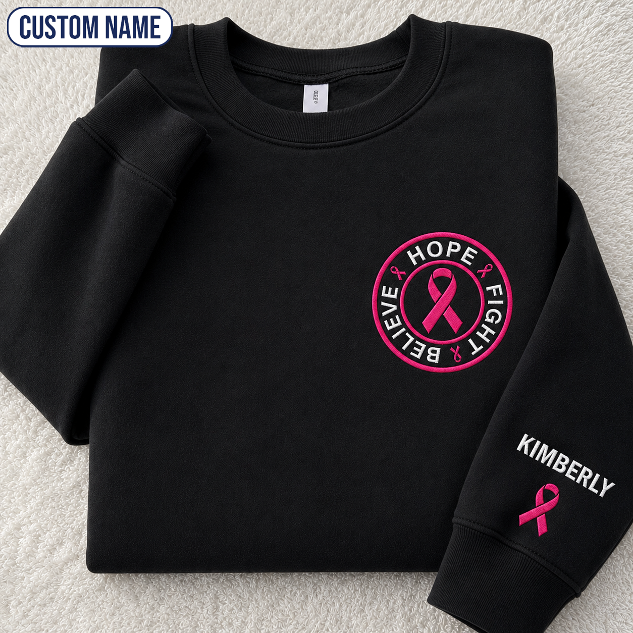 Personalized Believe Hope and Fight Embroidered Unisex Crewneck Sweatshirt, Pink Ribbon Awareness Gift