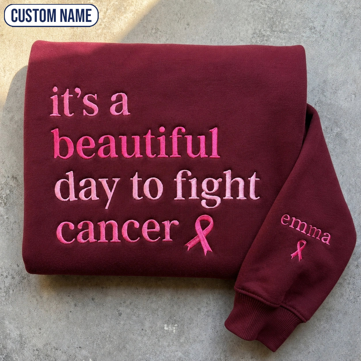 Personalized It's a Beautiful Day Embroidered Unisex Crewneck Sweatshirt, Pink Ribbon Awareness Gift