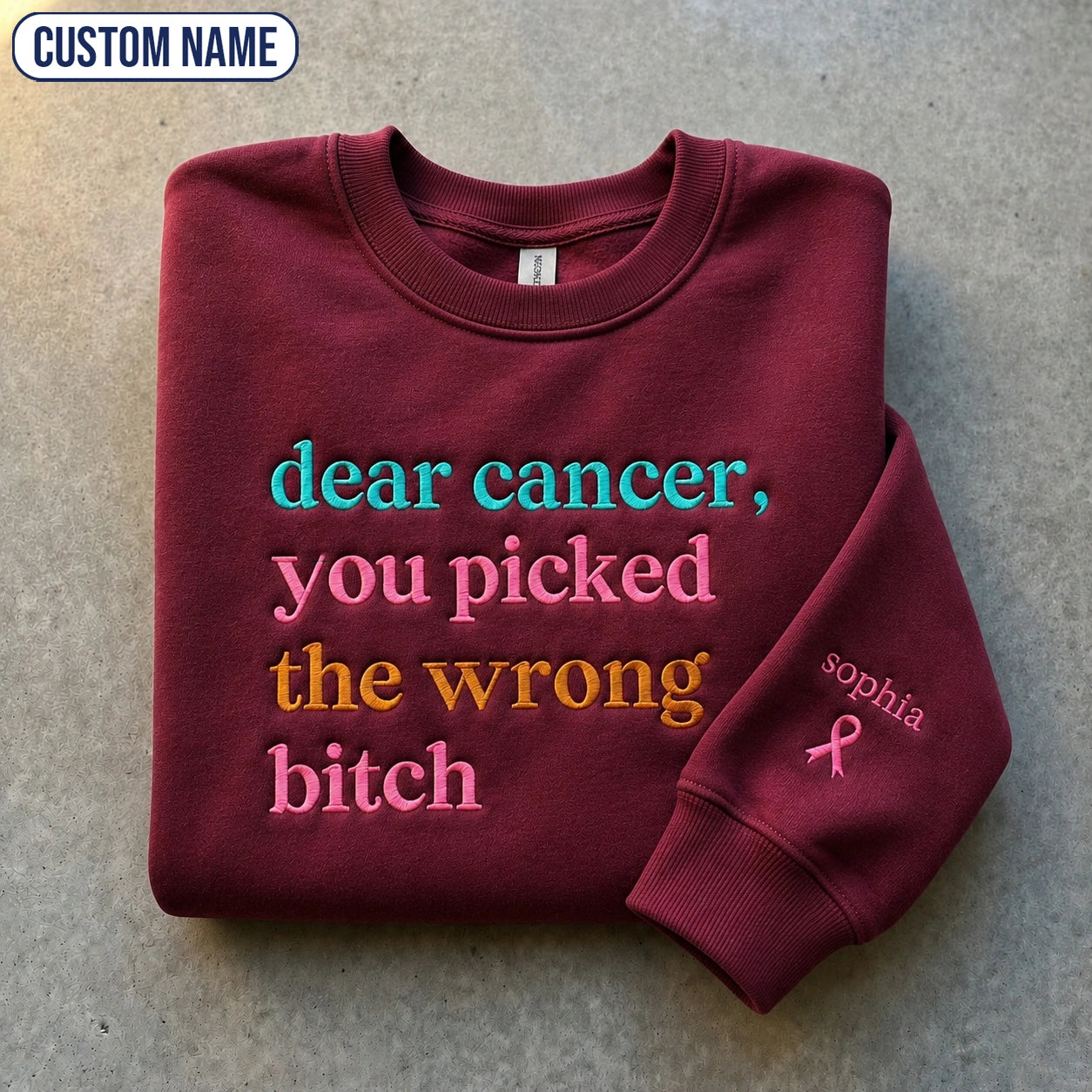 Personalized You Picked The Wrong B*tch Embroidered Unisex Crewneck Sweatshirt, Pink Ribbon Awareness Gift