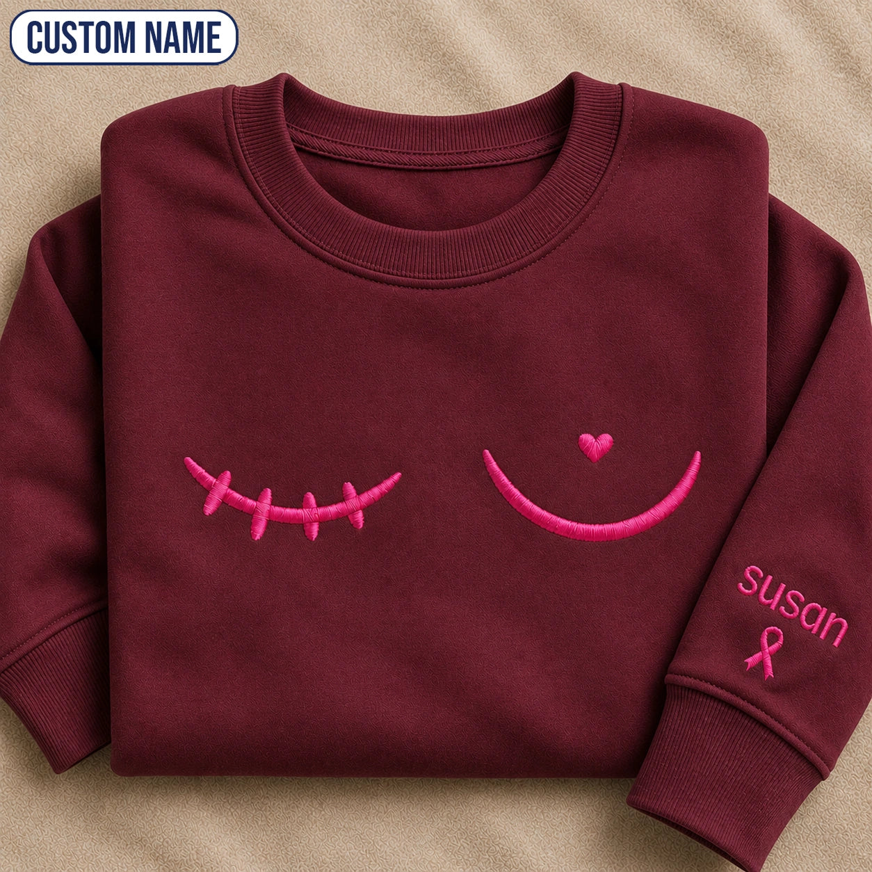 Personalized Minimal Pink Ribbon Line Embroidered Unisex Crewneck Sweatshirt, Awareness Gift