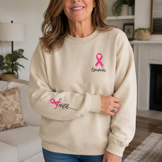 Personalized Faith Pink Ribbon Embroidered Unisex Crewneck Sweatshirt, Awareness Gift