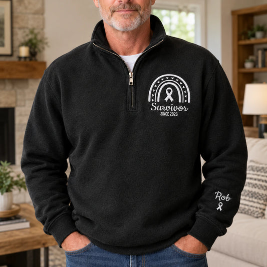 Personalized Pearl White Ribbon Inspired Name & Year Embroidered Unisex Quarter Zip Sweatshirt, Awareness Gift