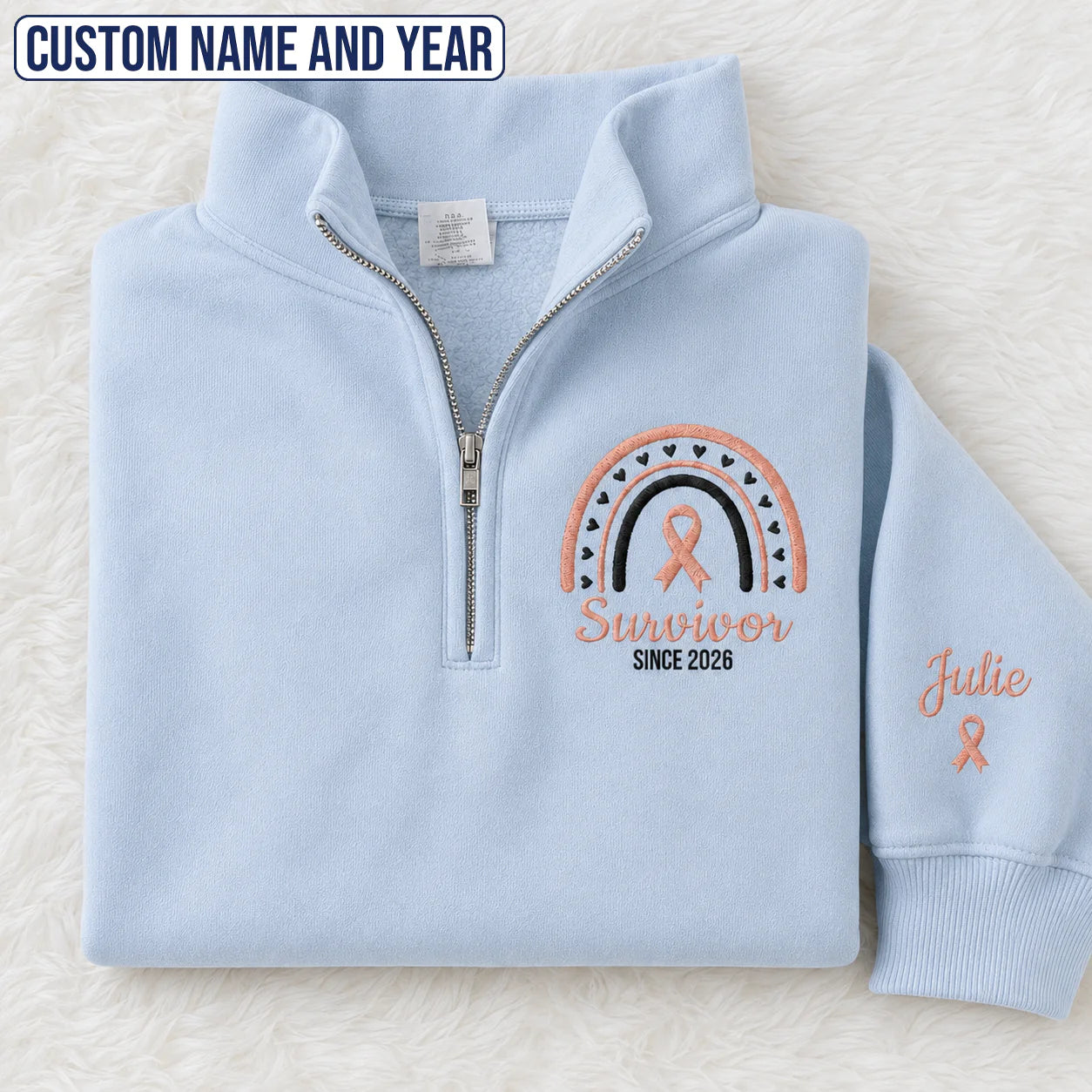 Personalized Peach Ribbon Inspired Name & Year Embroidered Unisex Quarter Zip Sweatshirt, Awareness Gift