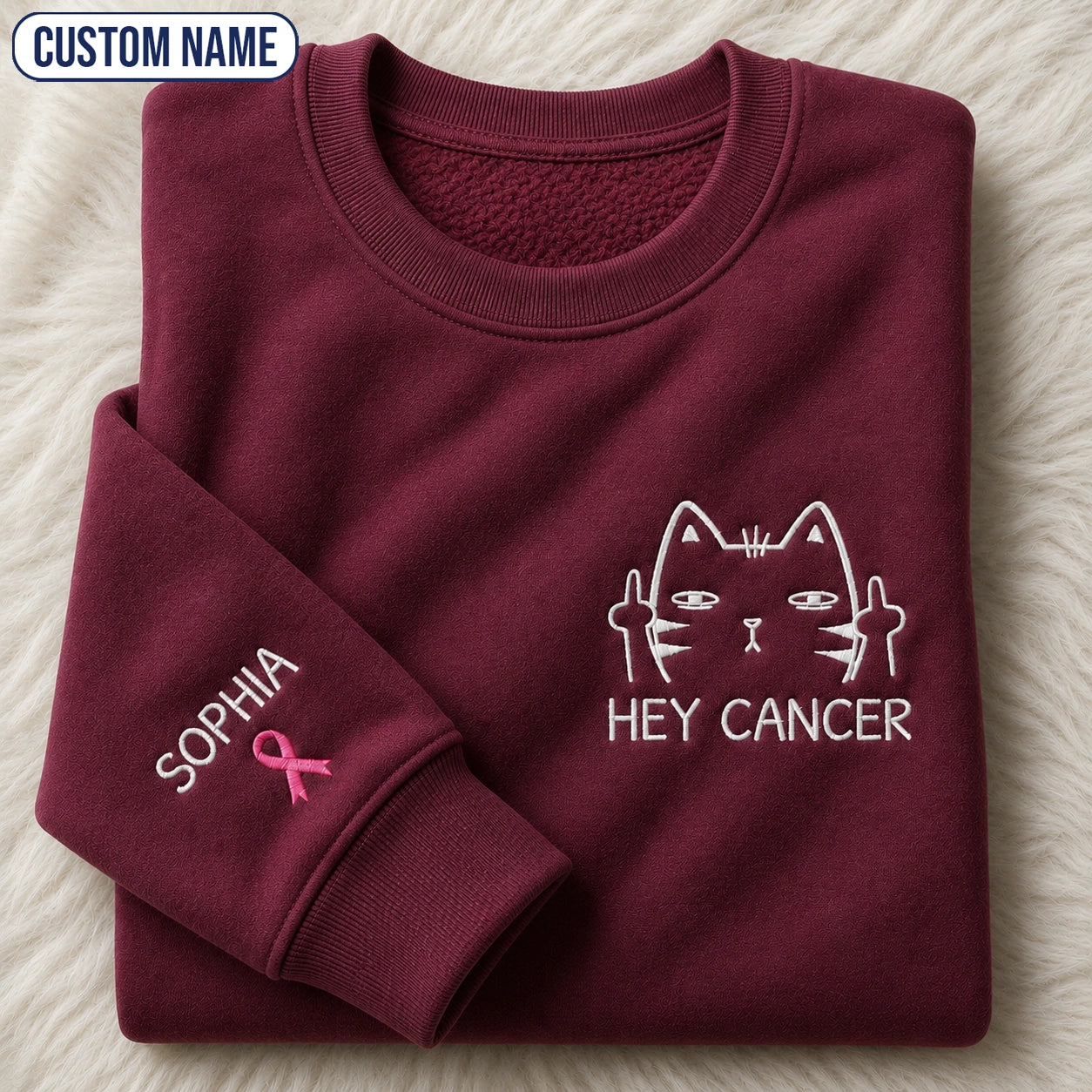 Personalized Funny Cat Pink Ribbon Embroidered Unisex Crewneck Sweatshirt, Awareness Gift
