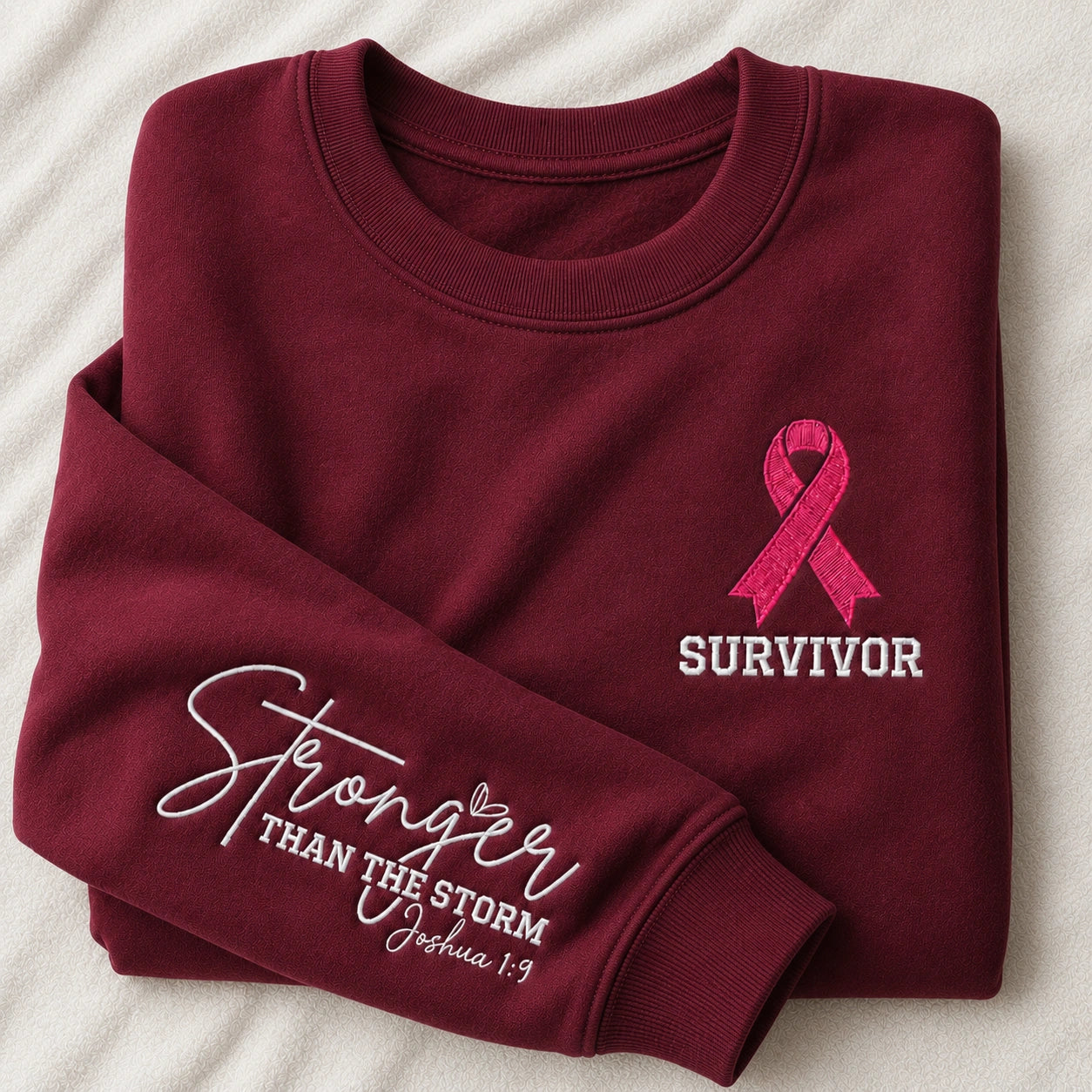 Stronger Than The Storm Embroidered Unisex Crewneck Sweatshirt, Pink Ribbon Awareness Gift