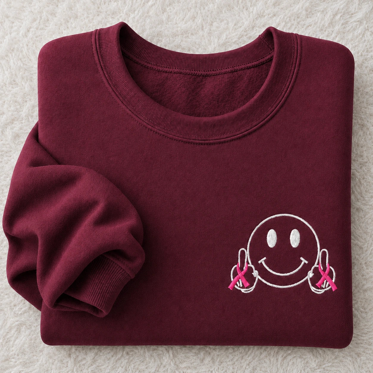 Hey Pink Ribbon Smiley Embroidered Unisex Crewneck Sweatshirt, Awareness Gift