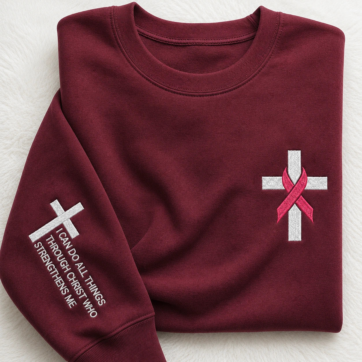 I Can Do All Things Through Christ Who Strengthens Me Embroidered Unisex Crewneck Sweatshirt, Pink Ribbon Awareness Gift