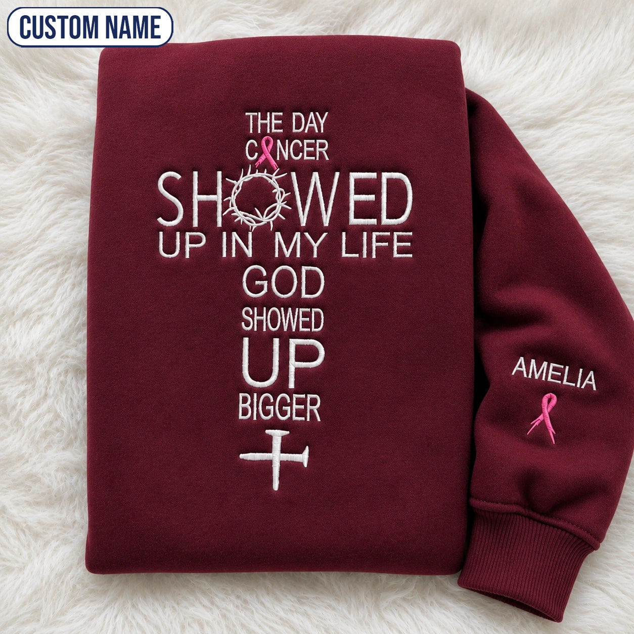 Personalized God Showed Up Bigger Pink Ribbon Embroidered Unisex Crewneck Sweatshirt, Awareness Gift