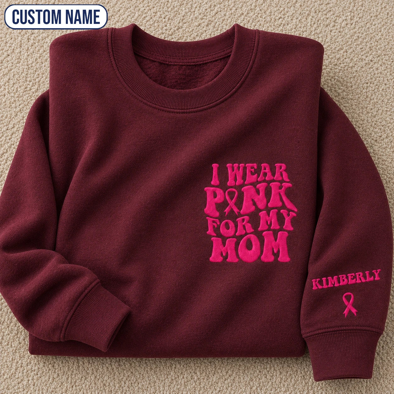 Personalized I Wear Pink for My Mom Embroidered Unisex Crewneck Sweatshirt, Pink Ribbon Awareness Gift