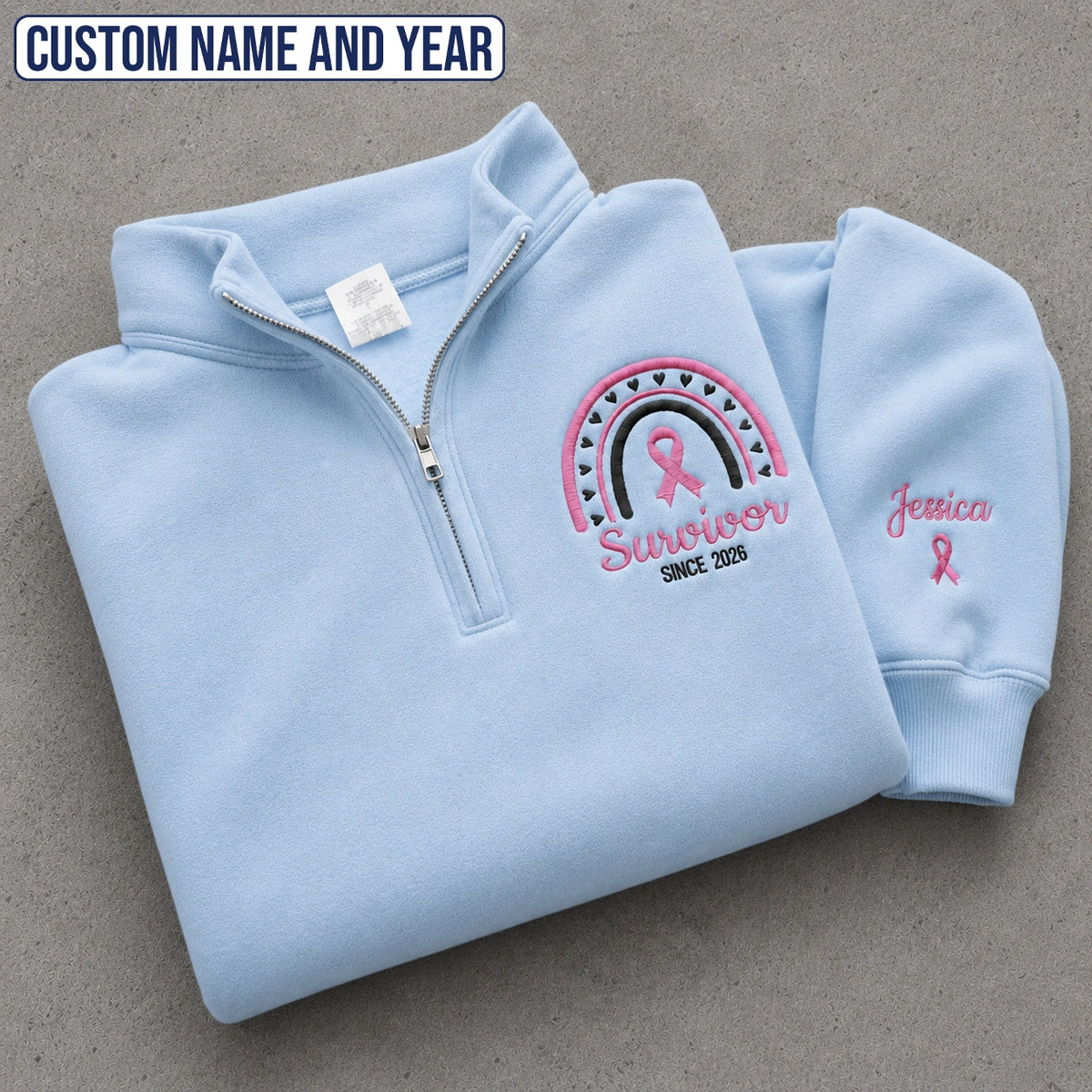 Personalized Pink Ribbon-Inspired Name & Year Embroidered Unisex Quarter Zip Sweatshirt, Awareness Gift