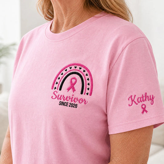 Personalized Pink Ribbon-Inspired Name & Year Embroidered Unisex T-shirt