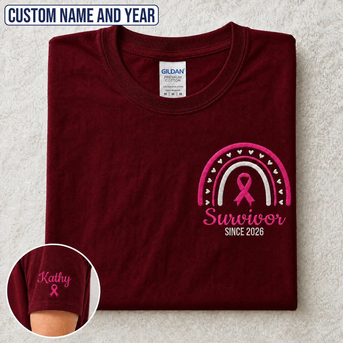 Personalized Pink Ribbon-Inspired Name & Year Embroidered Unisex T-shirt