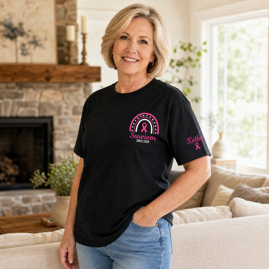 Personalized Pink Ribbon-Inspired Name & Year Embroidered Unisex T-shirt