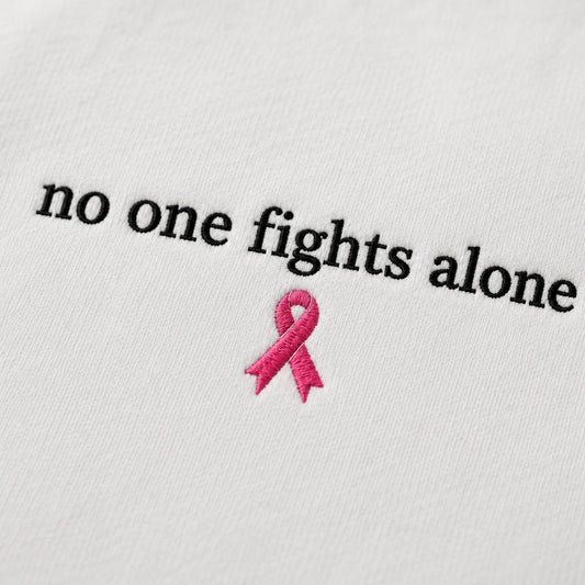 Personalized No One Fights Alone Embroidered Unisex Crewneck Sweatshirt, Pink Ribbon Awareness Gift